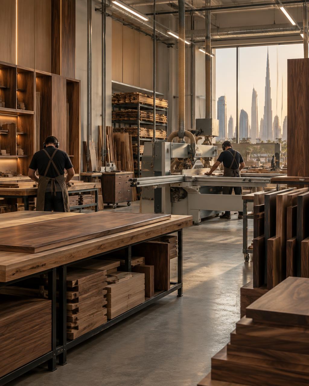 Modern custom joinery workshop with precision woodworking machinery